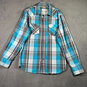 Ditch Plains Shirt Mens M Blue Gray Plaid Pearl Snap Long Sleeve Western Rodeo